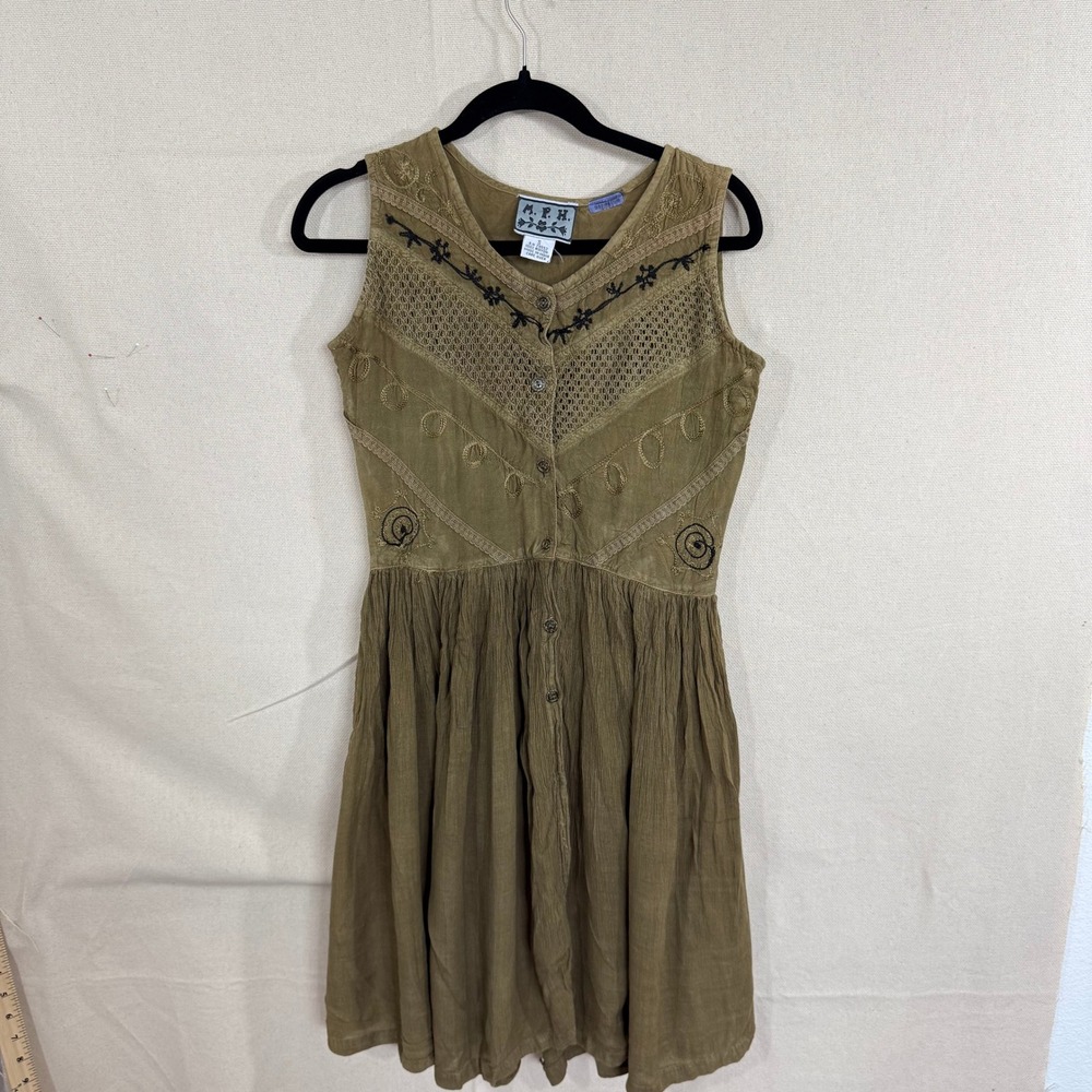 MPH Womens Small Olive Green Embroidered Sleeveless Boho Mini Dress Rayon